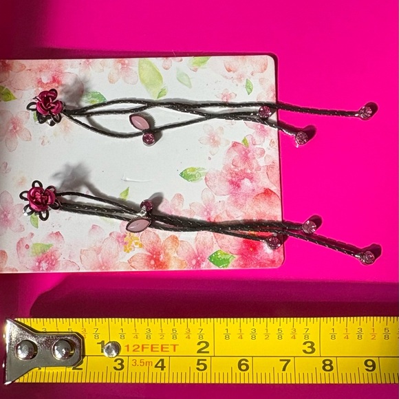 Black & Pink Dangle Earrings | Flower Rhinestone Drop - Antique Inspired - Picture 5 of 6